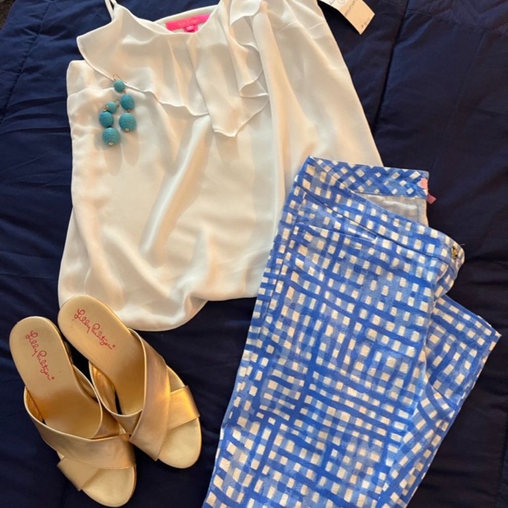 Lilly Pulitzer Kelly Skinny Ankle Pants Bennet Blue Feelin Beachy Gingha…